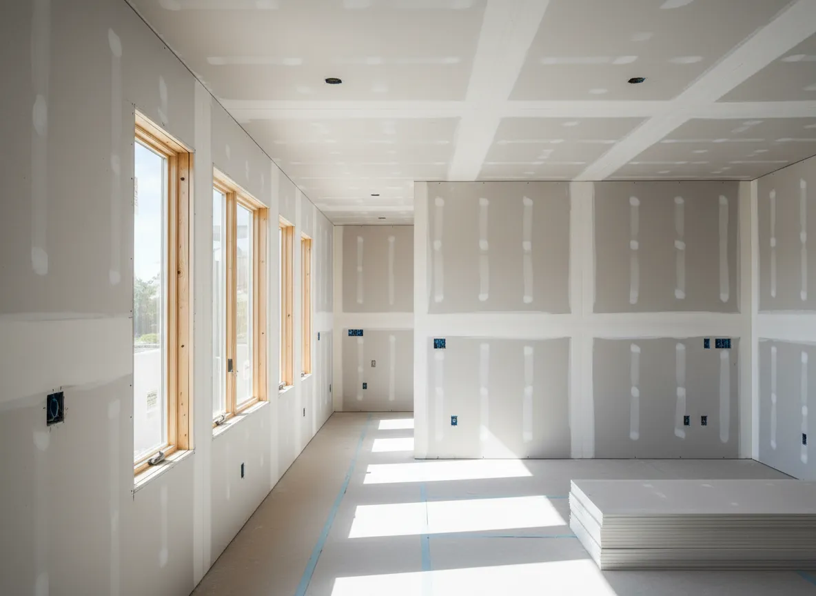 Drywall installation phase with bare drywall panels on framing